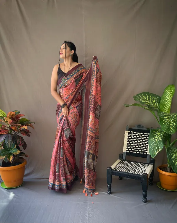 Pink_Pure_Soft_Cotton_Kalamkari_Print_Saree_With_Blouse_Piece_Attached
